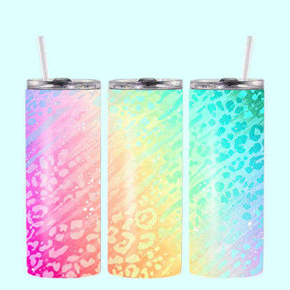 Mystic Splash - pastel leopard rainbow tumbler – 600 ml stainless steel tumbler with straw & lid
