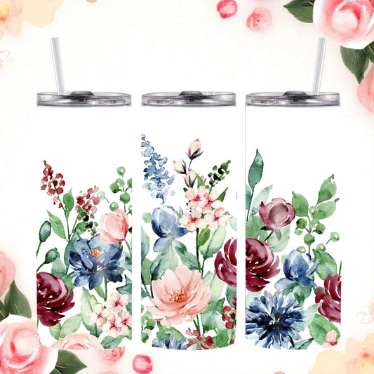 Wildflower Wishes - Floral watercolor tumbler – 600 ml stainless steel cup with lid & straw for her